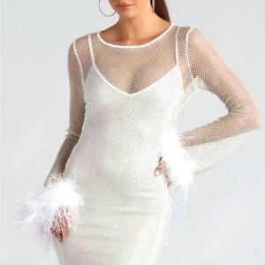 Windsor White Mesh Long Sleeve Dress with Feather Accents